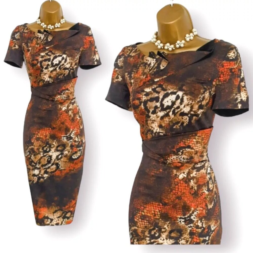 Karen Millen Python Print Asymmetrical Neckline Short Sleeve Sheath Dress Size 4